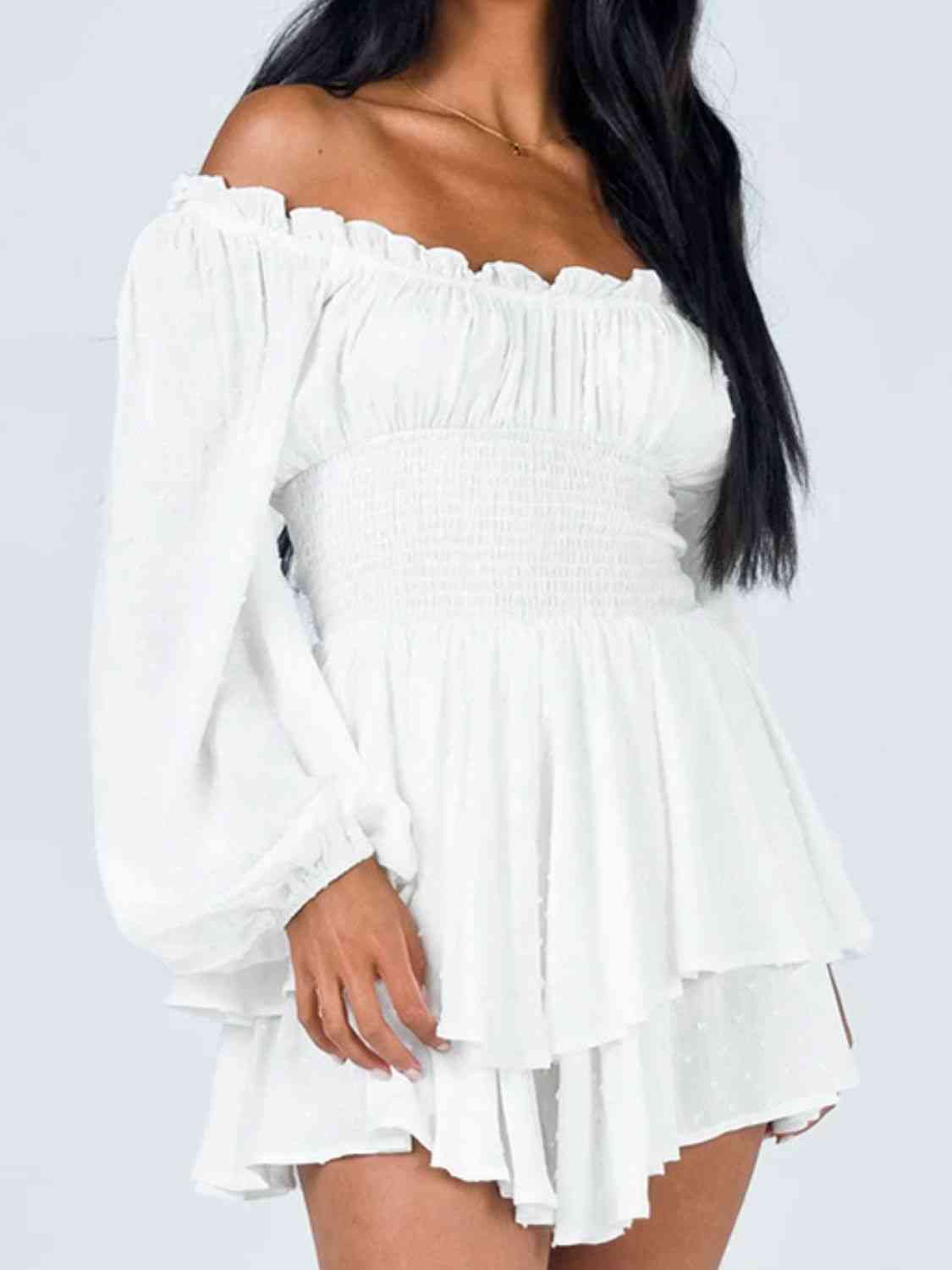 Off Shoulder Smocked Waist Romper - Romper - White - Bella Bourget