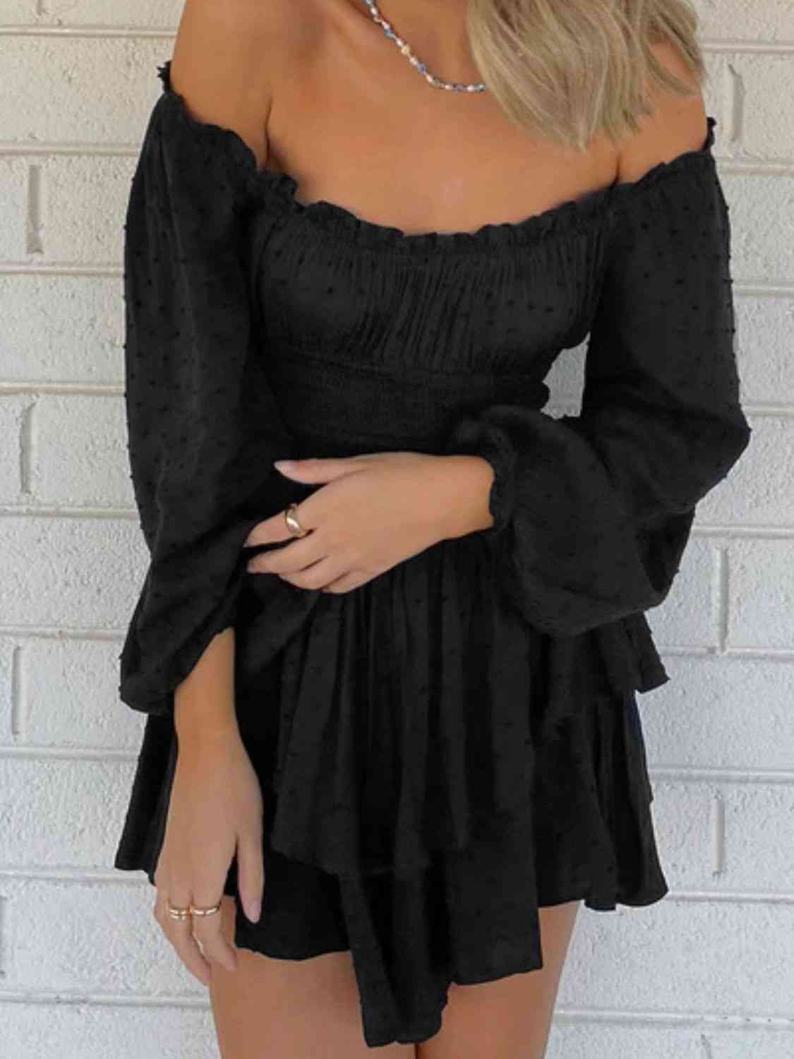 Off Shoulder Smocked Waist Romper - Romper - Black - Bella Bourget