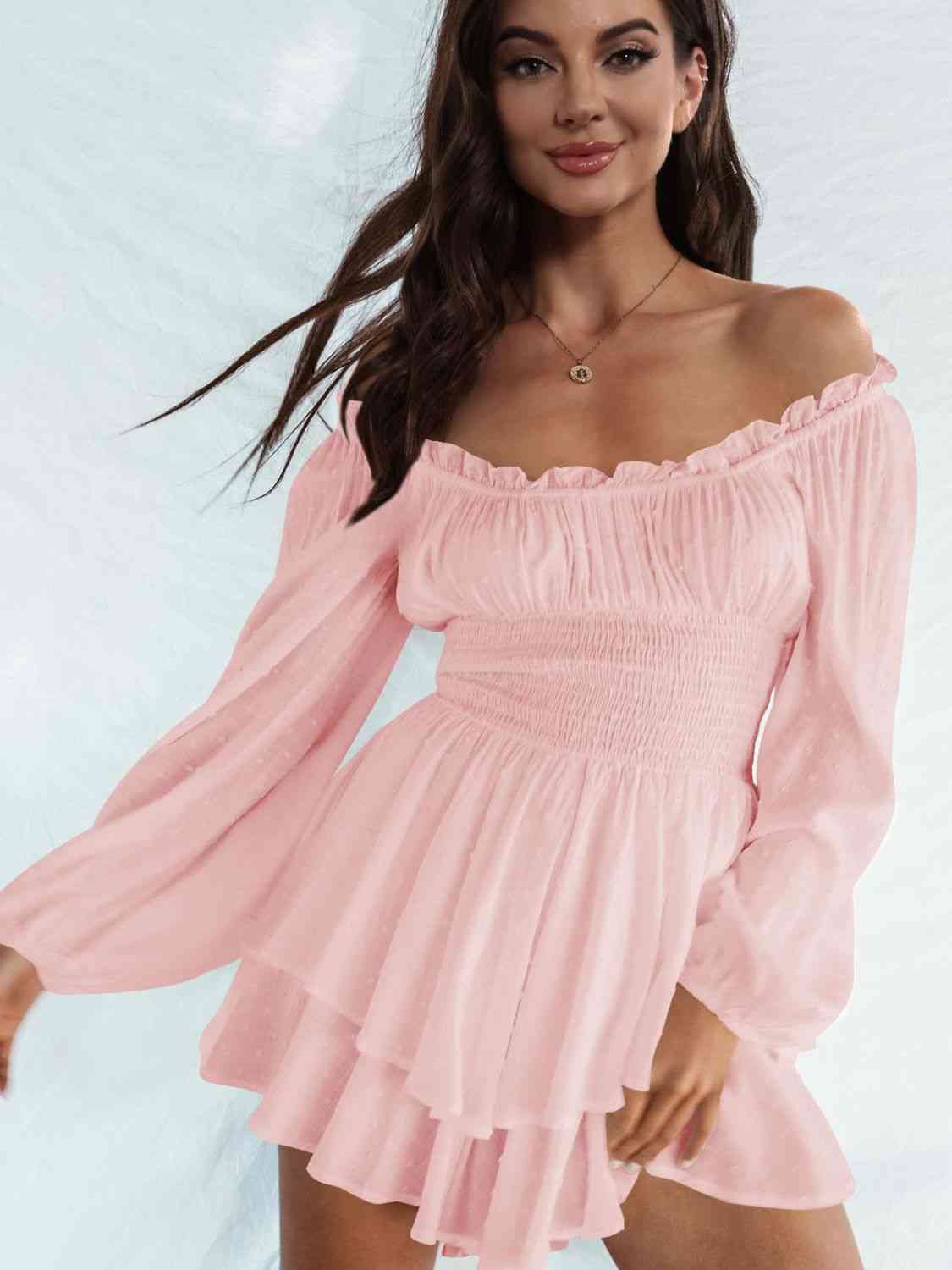 Off Shoulder Smocked Waist Romper - Romper - Blush Pink - Bella Bourget