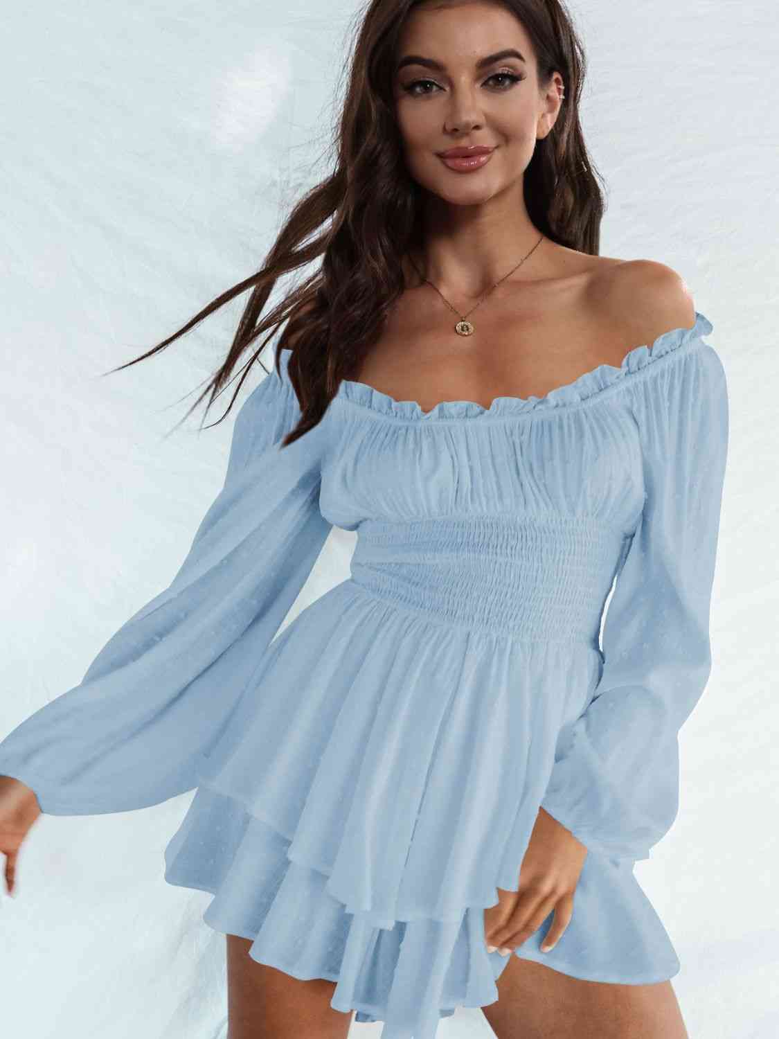 Off Shoulder Smocked Waist Romper - Romper - Misty Blue - Bella Bourget