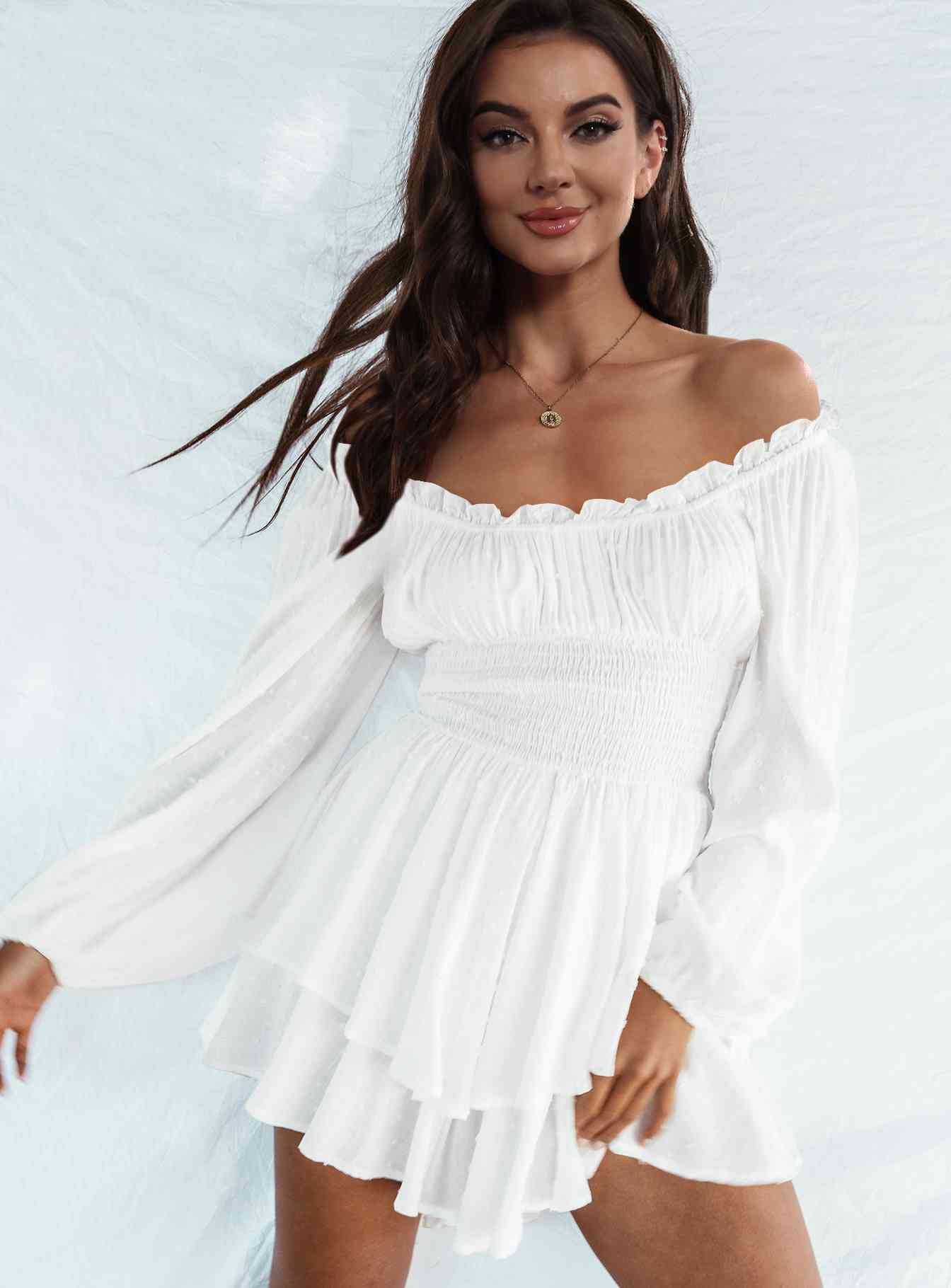 Off Shoulder Smocked Waist Romper - Romper - White - Bella Bourget