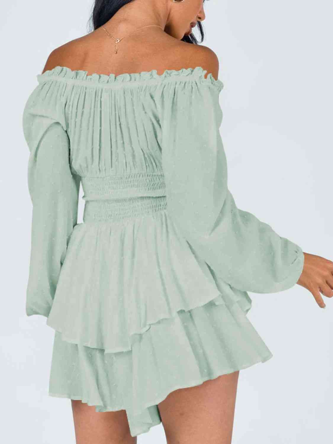 Off Shoulder Smocked Waist Romper - Romper - Gum Leaf - Bella Bourget