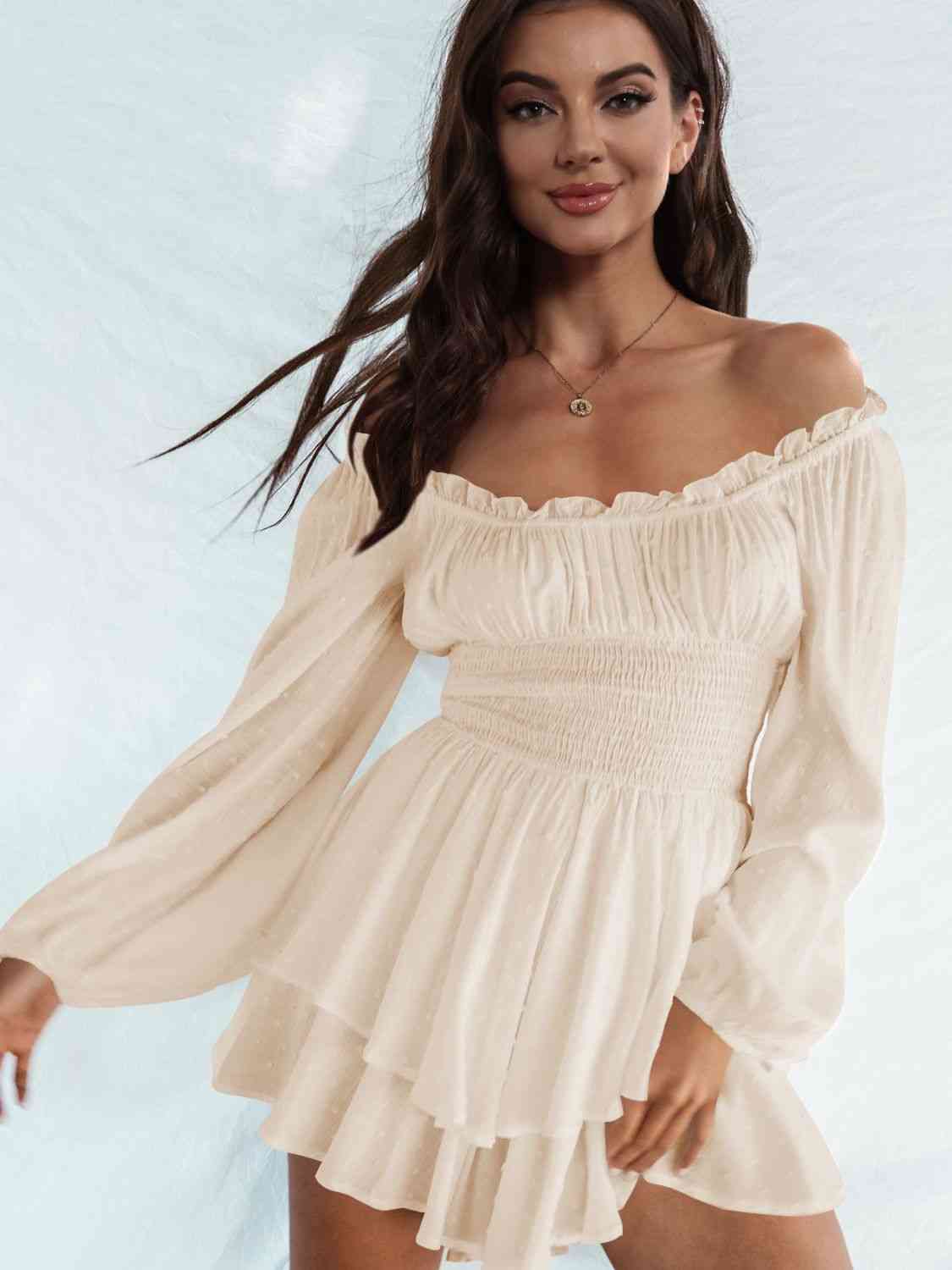 Off Shoulder Smocked Waist Romper - Romper - Sand - Bella Bourget