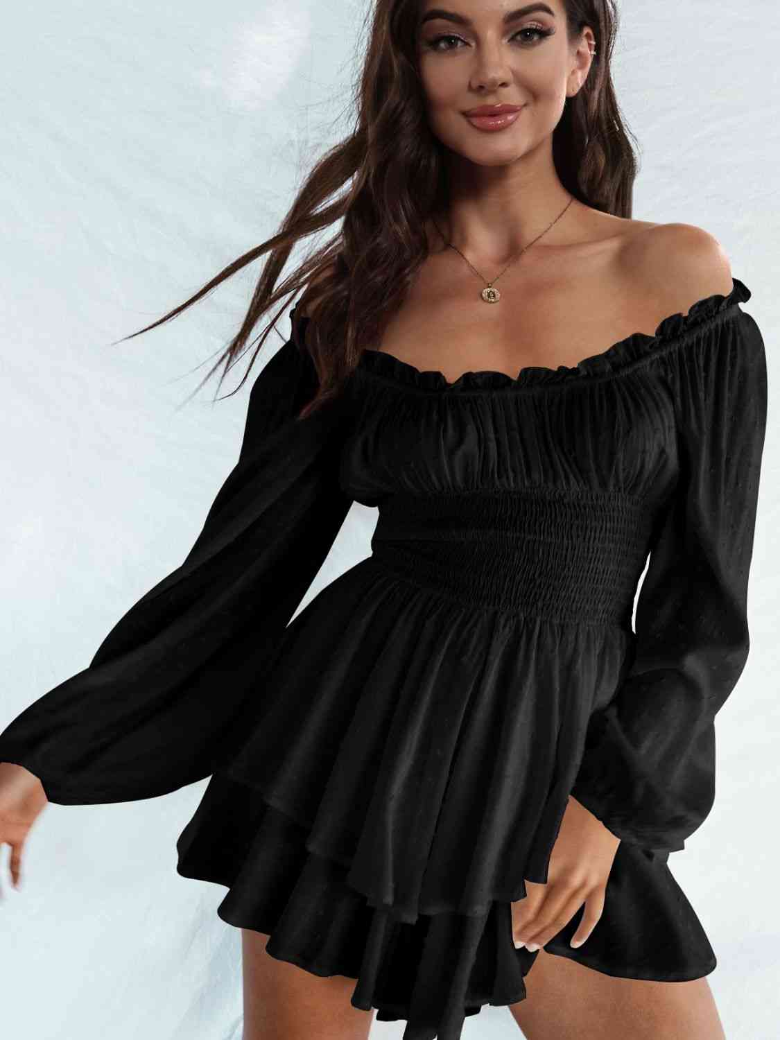 Off Shoulder Smocked Waist Romper - Romper - Black - Bella Bourget