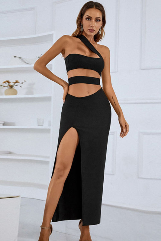 One - Shoulder Cutout Front Split Maxi Dress - Dress - Black - Bella Bourget