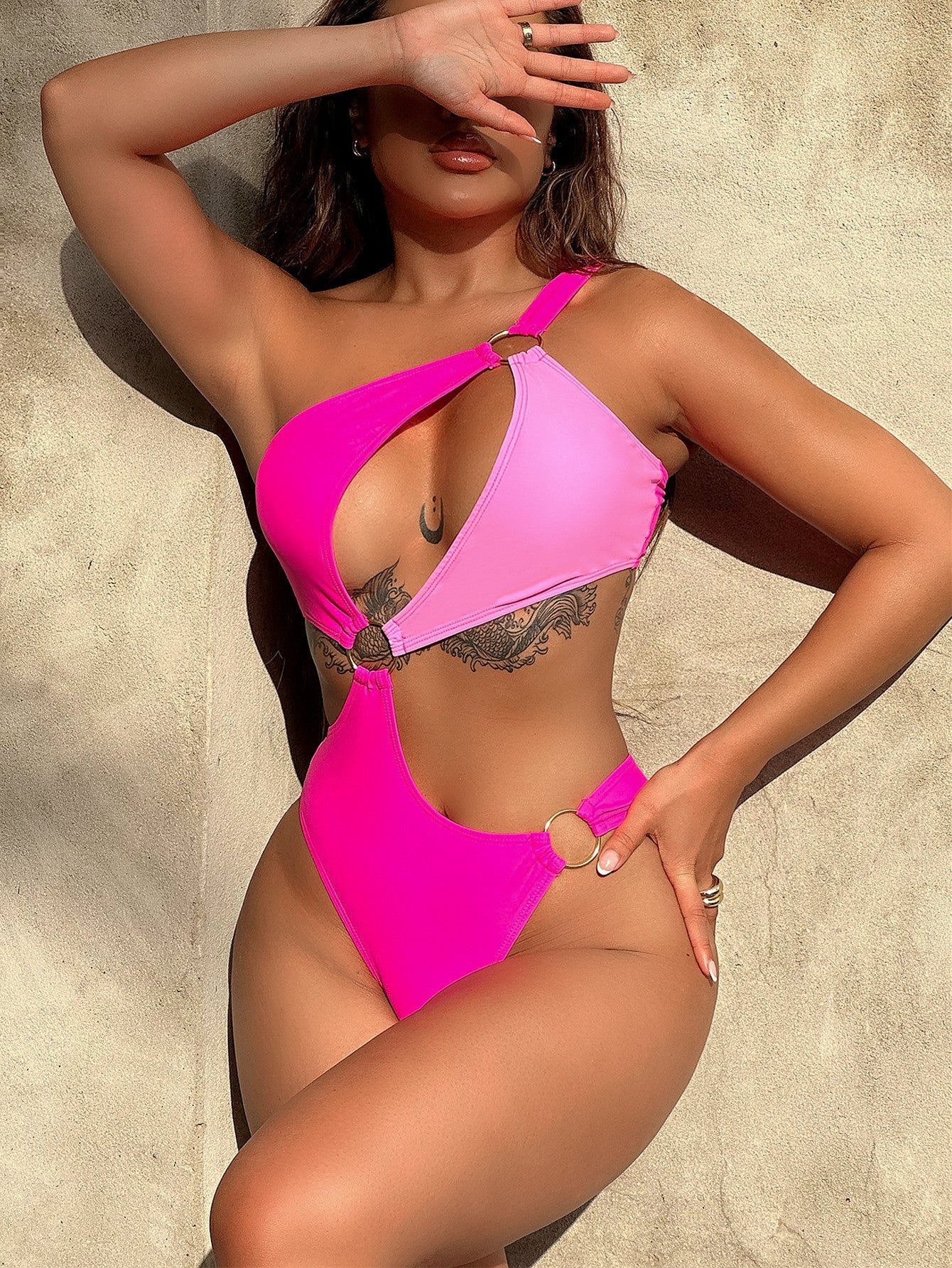 One - Shoulder Cutout Ring Detail One - Piece Swimsuit - One - Piece Swimsuit - Hot Pink - Bella Bourget