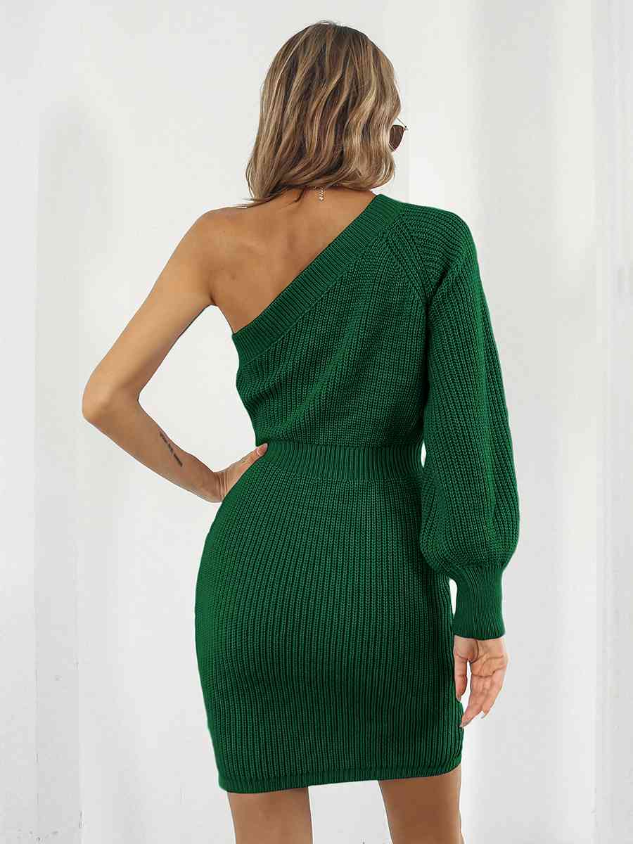 One - Shoulder Mini Sweater Dress - Sweater Dress - Black Forest - Bella Bourget