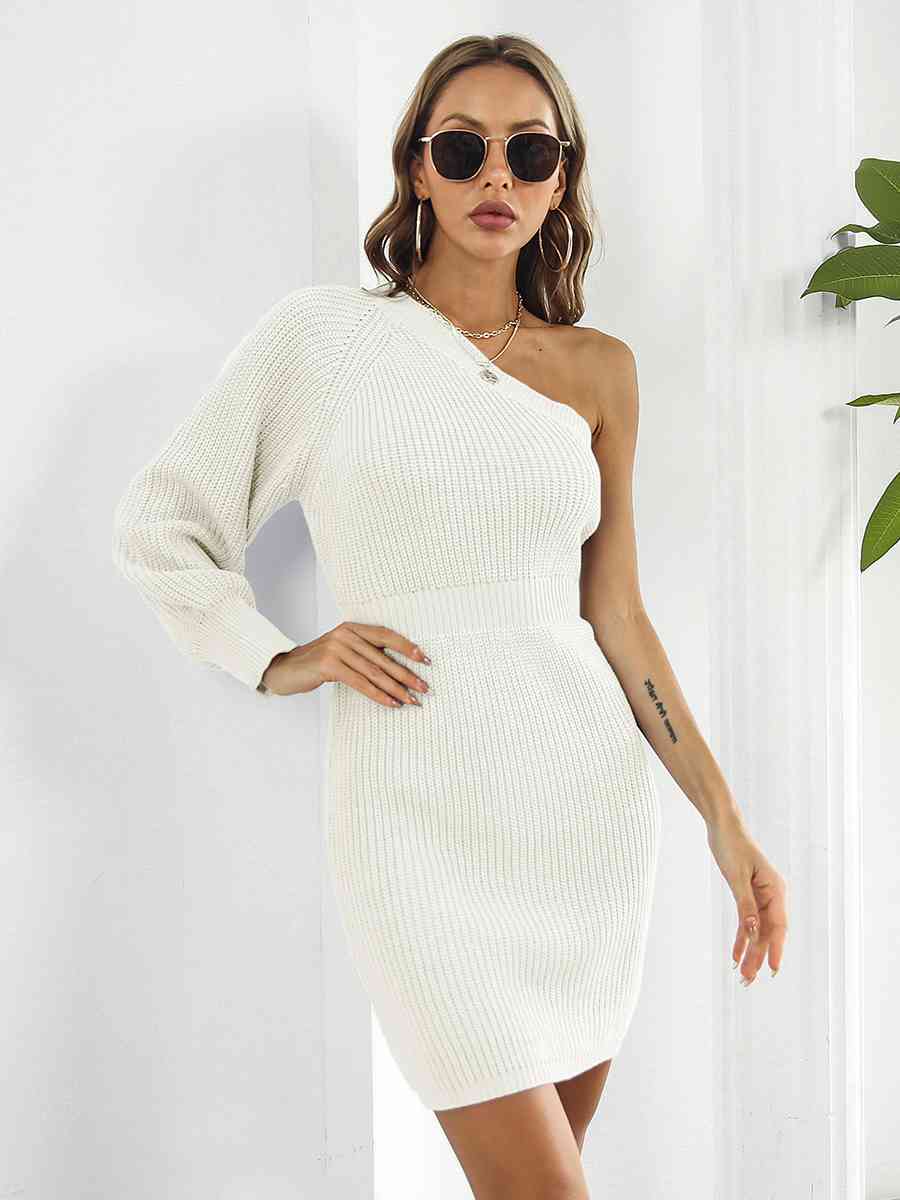 One - Shoulder Mini Sweater Dress - Sweater Dress - Ivory - Bella Bourget