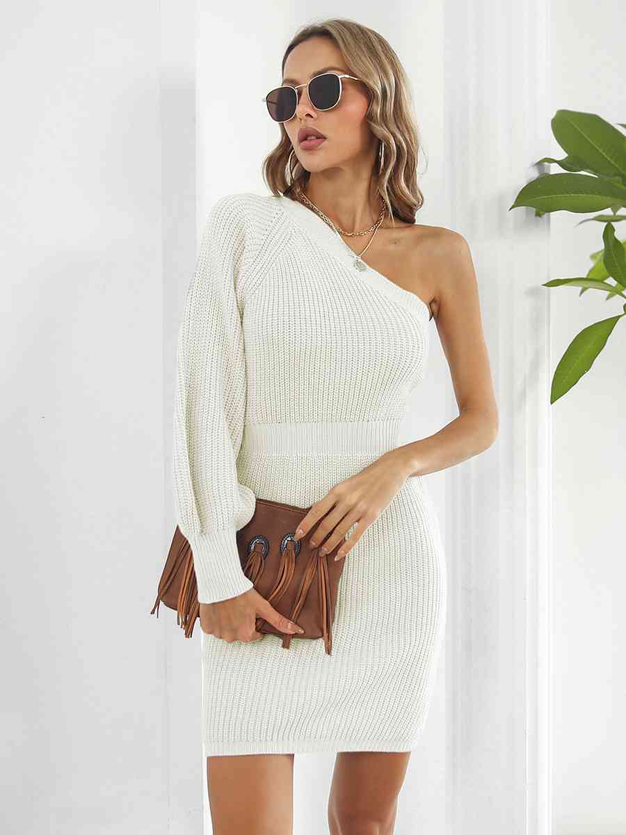 One - Shoulder Mini Sweater Dress - Sweater Dress - Ivory - Bella Bourget