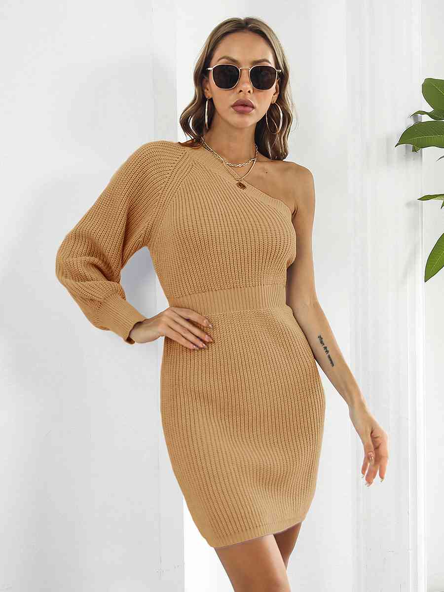 One - Shoulder Mini Sweater Dress - Sweater Dress - Caramel - Bella Bourget