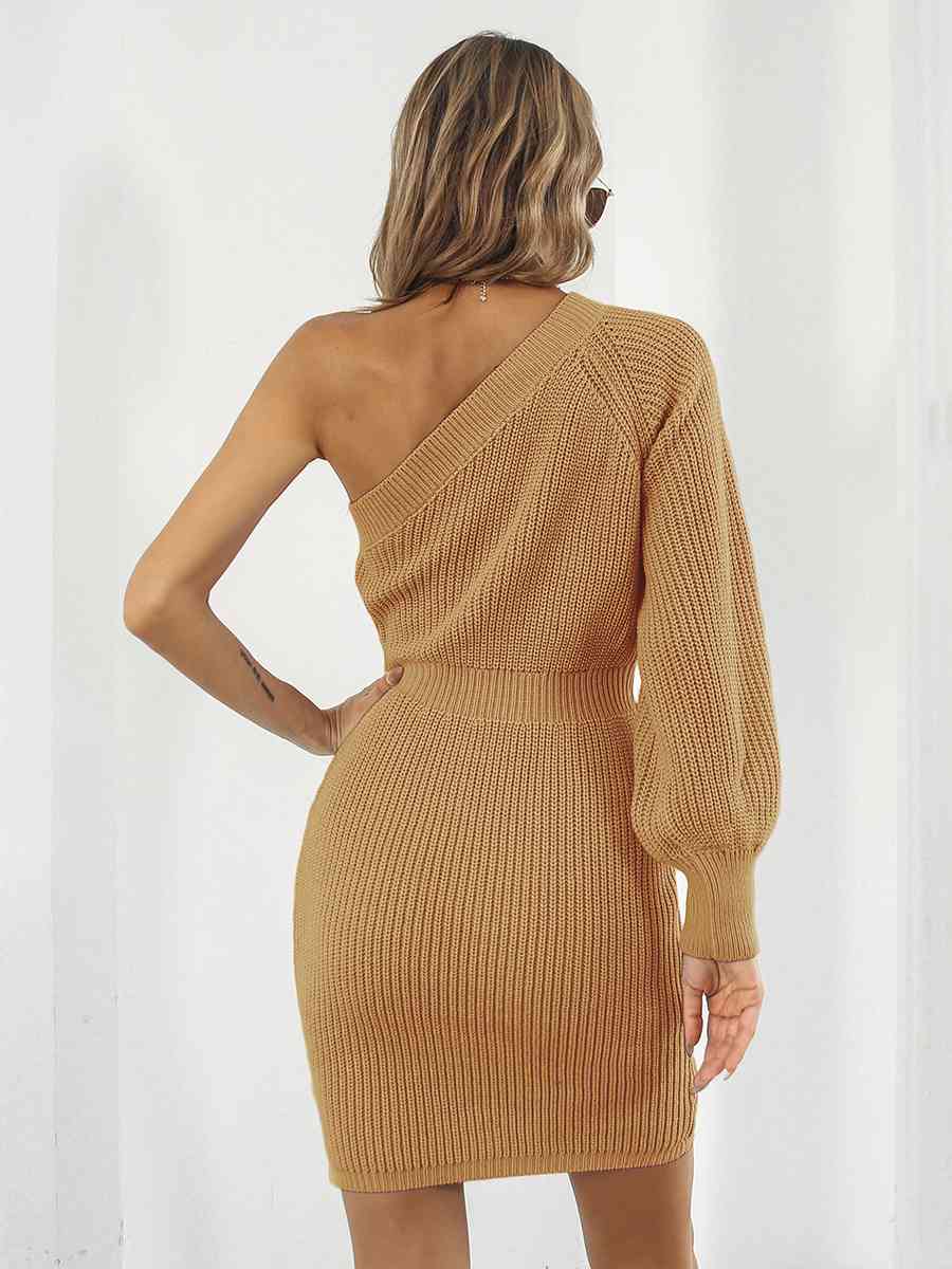 One - Shoulder Mini Sweater Dress - Sweater Dress - Caramel - Bella Bourget