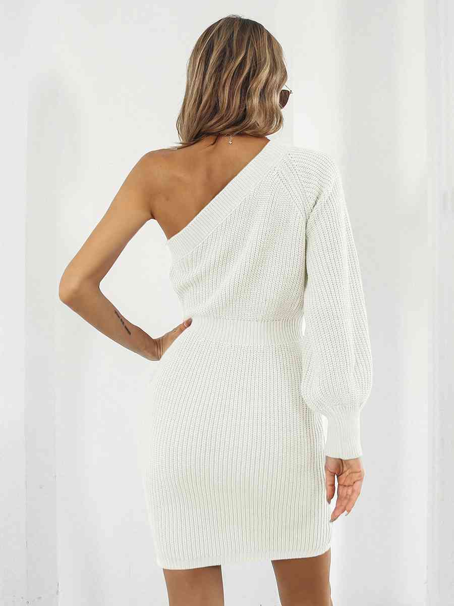 One - Shoulder Mini Sweater Dress - Sweater Dress - Ivory - Bella Bourget