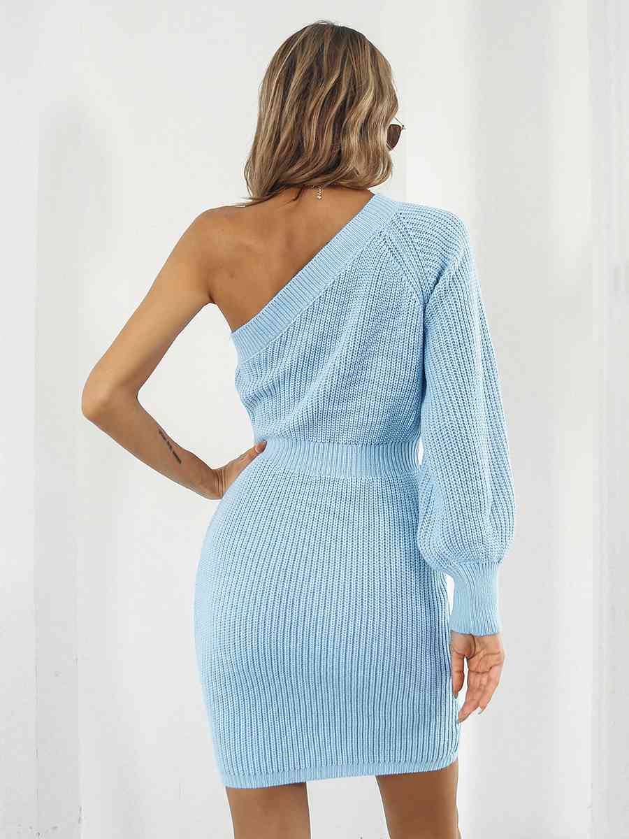 One - Shoulder Mini Sweater Dress - Sweater Dress - Pastel Blue - Bella Bourget