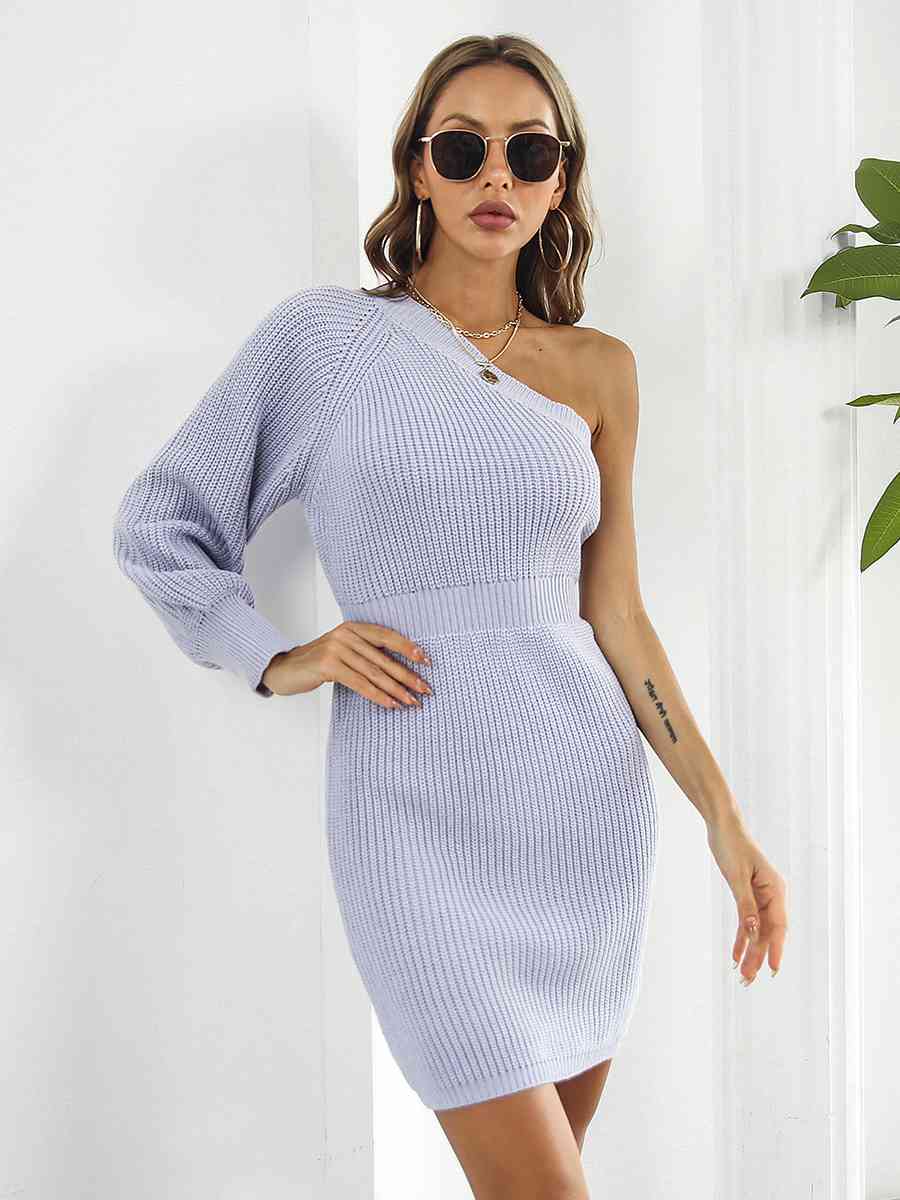 One - Shoulder Mini Sweater Dress - Sweater Dress - Periwinkle - Bella Bourget