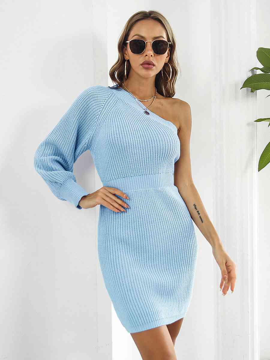 One - Shoulder Mini Sweater Dress - Sweater Dress - Pastel Blue - Bella Bourget