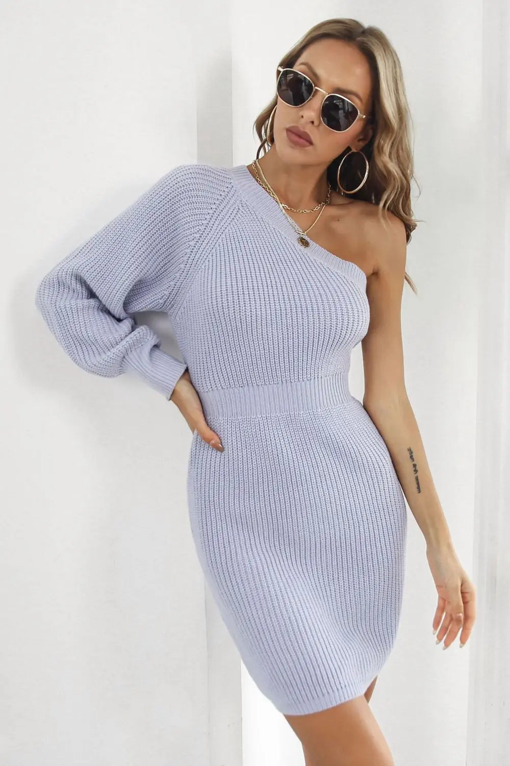 One Shoulder Raglan Sleeve Pencil Sweater Dress - Dress - Lavender - Bella Bourget