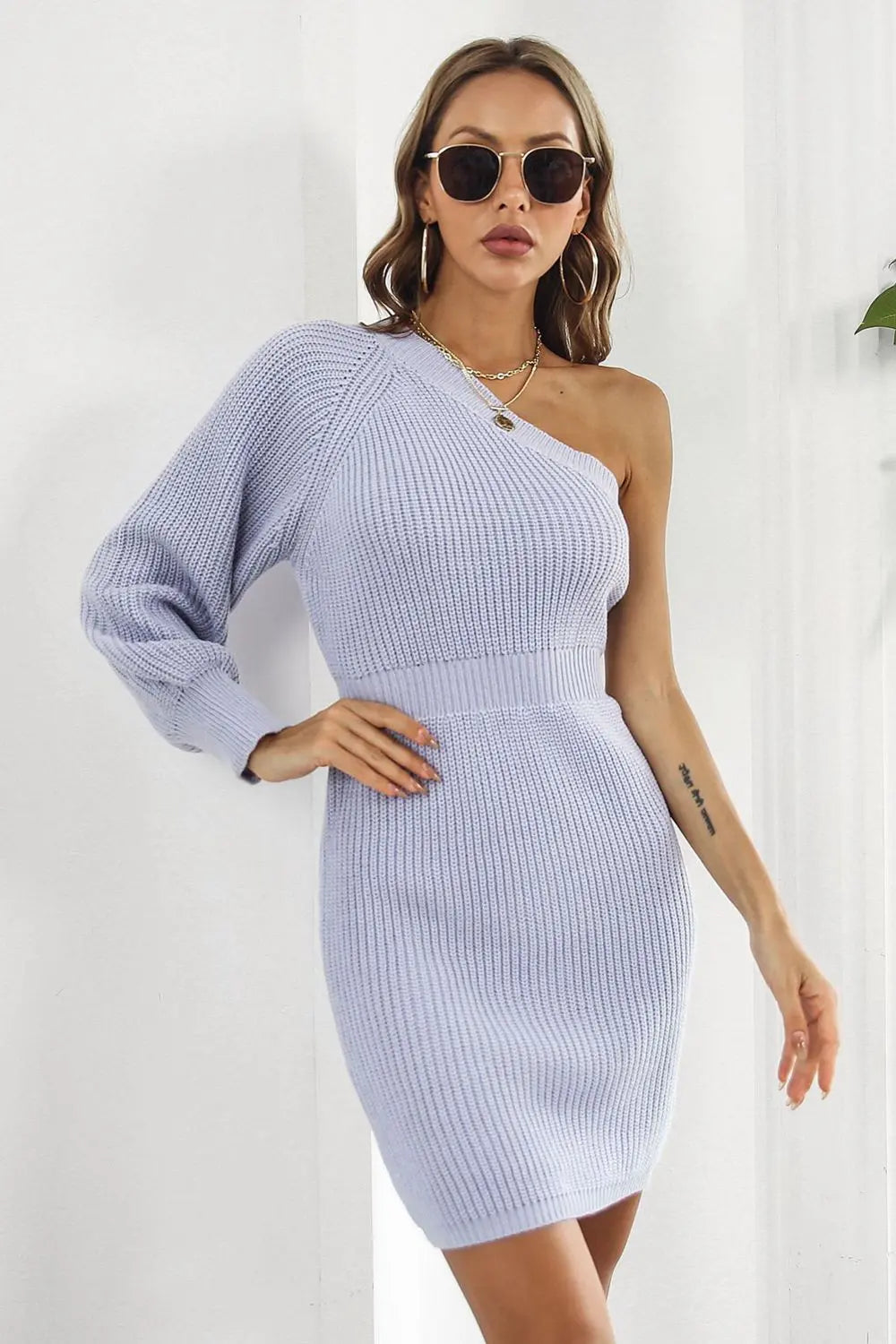 One Shoulder Raglan Sleeve Pencil Sweater Dress - Dress - Lavender - Bella Bourget