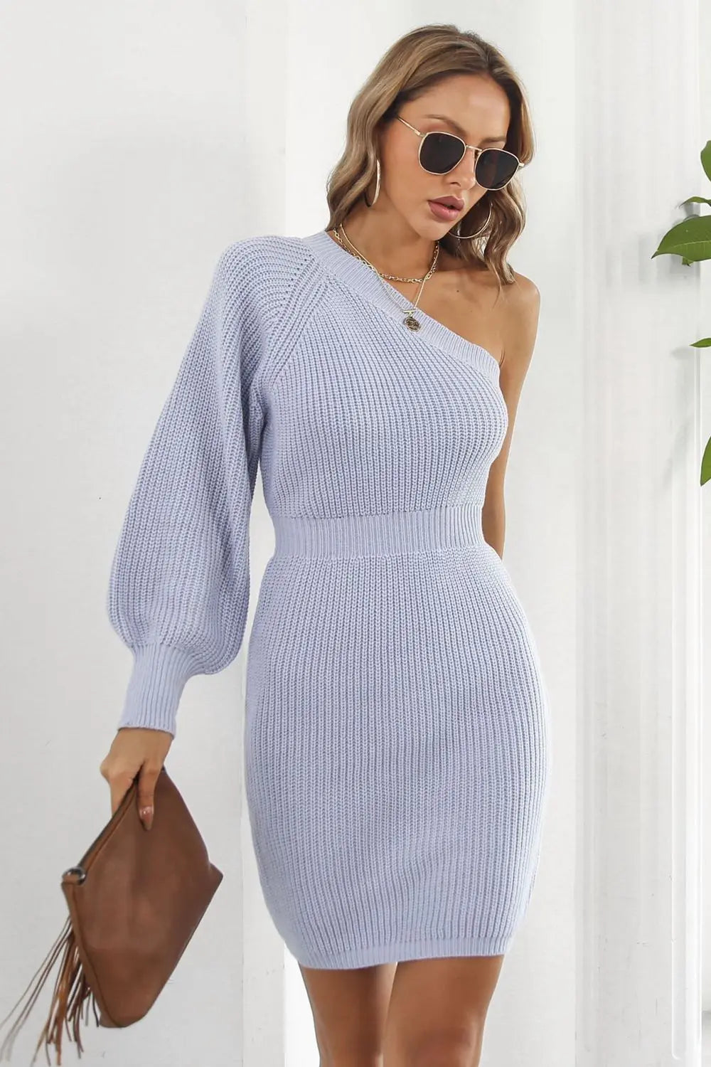 One Shoulder Raglan Sleeve Pencil Sweater Dress - Dress - Lavender - Bella Bourget