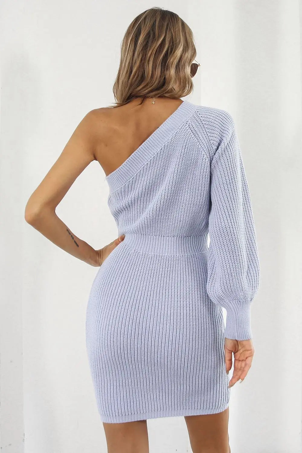 One Shoulder Raglan Sleeve Pencil Sweater Dress - Dress - Lavender - Bella Bourget