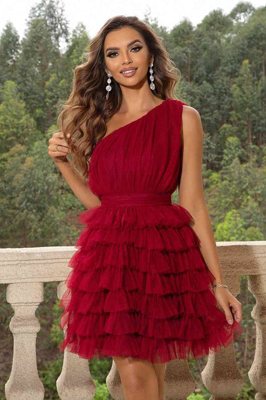 One - Shoulder Sleeveless Dress - Cocktail Dress - Red - Bella Bourget