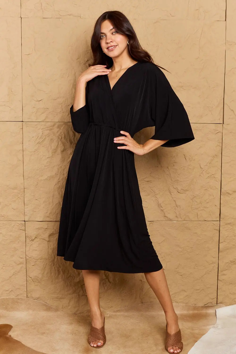 OneTheLand Make Your Move Solid Surplice Midi Dress - Dress - Black - Bella Bourget