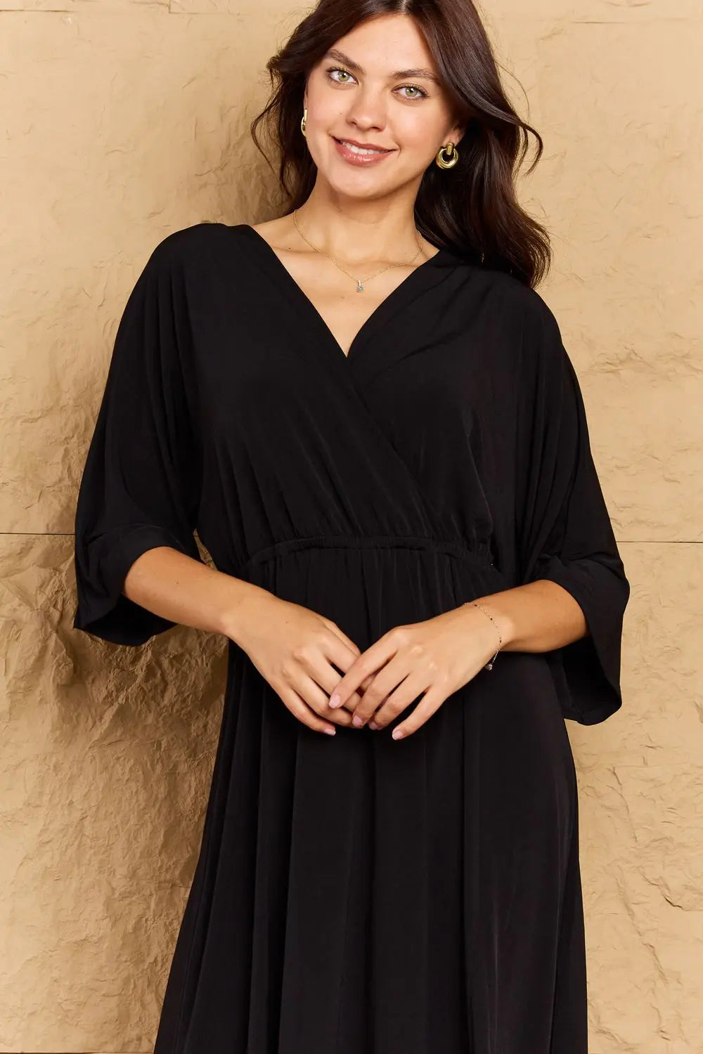 OneTheLand Make Your Move Solid Surplice Midi Dress - Dress - Black - Bella Bourget