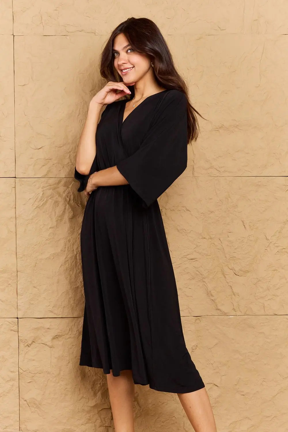 OneTheLand Make Your Move Solid Surplice Midi Dress - Dress - Black - Bella Bourget