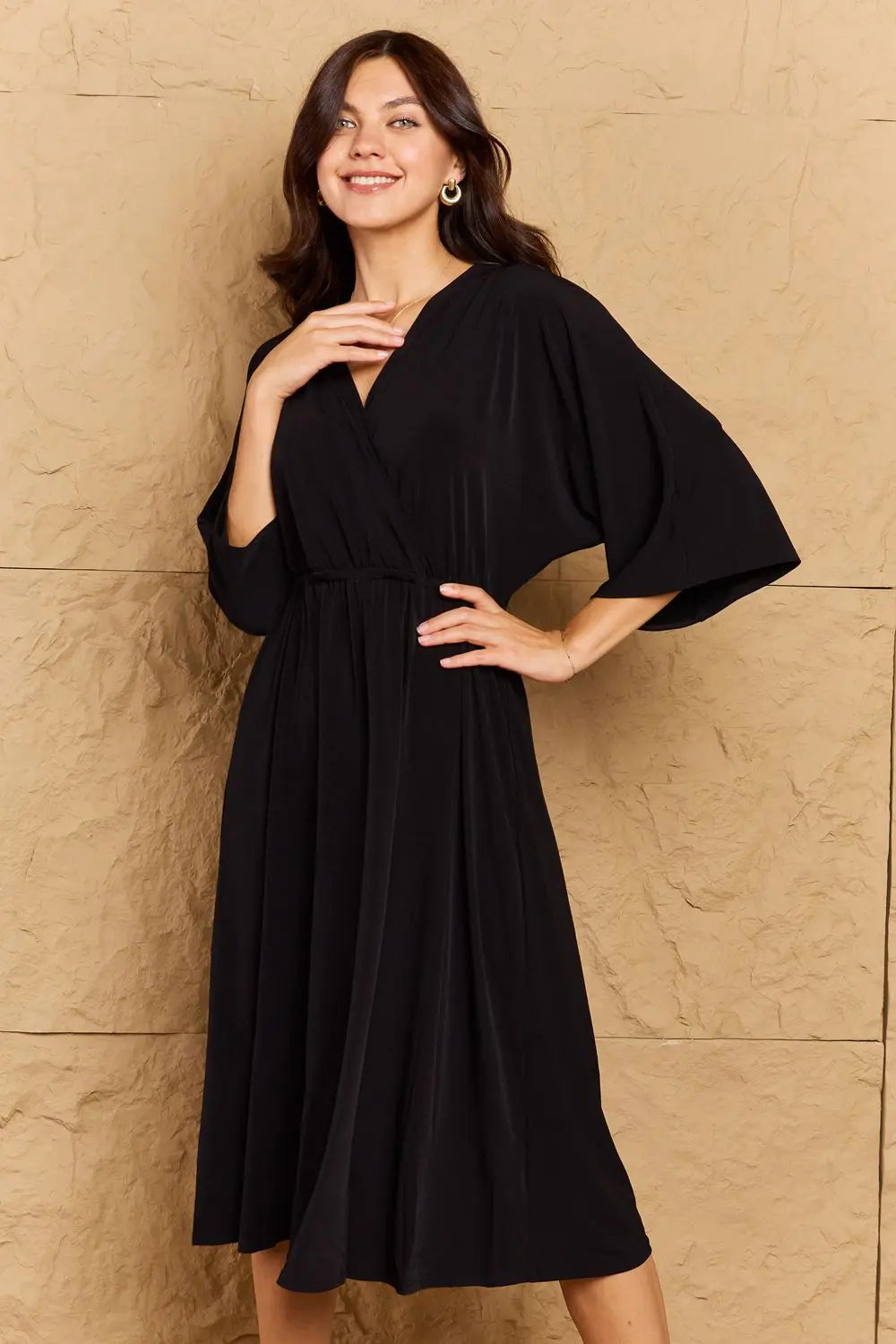 OneTheLand Make Your Move Solid Surplice Midi Dress - Dress - Black - Bella Bourget