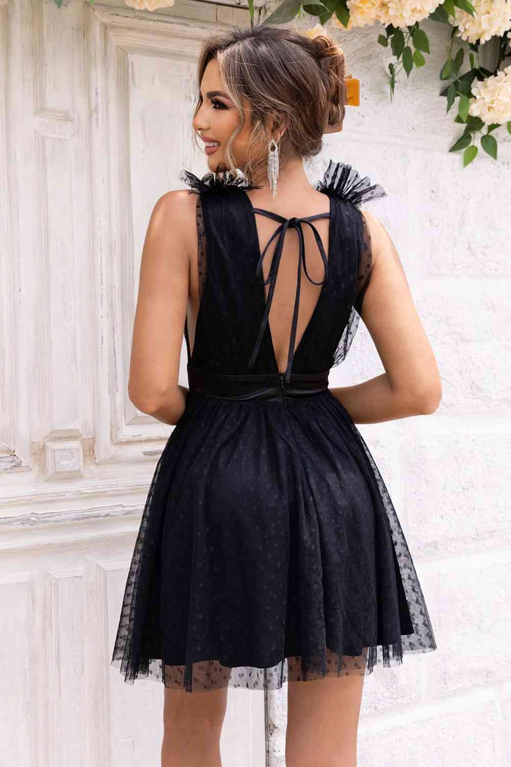 Open Back Sleeveless Mesh Dress - Party Dress - Black - Bella Bourget