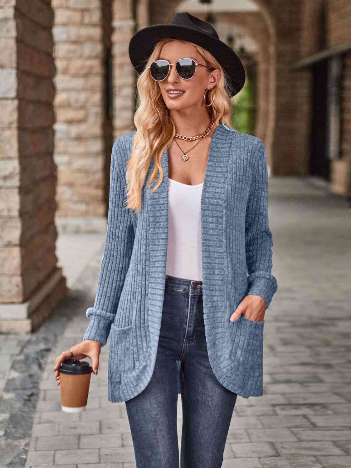 Open Front Cardigan with Pockets - Cardigan - Misty Blue - Bella Bourget