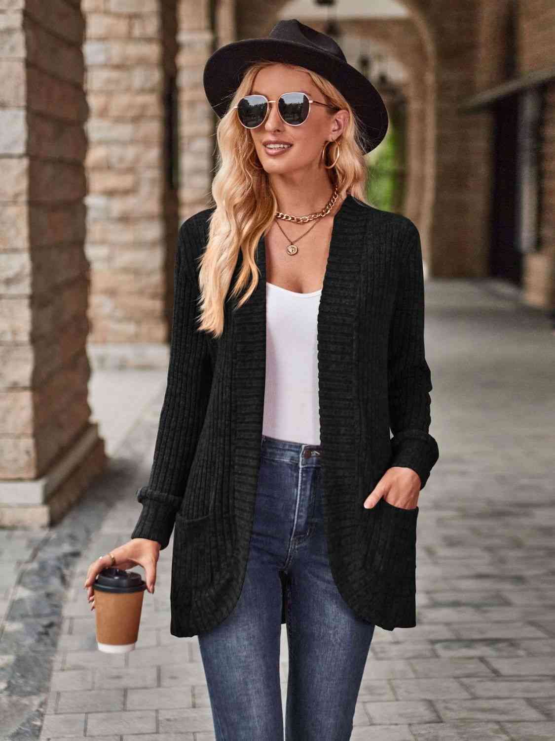 Open Front Cardigan with Pockets - Cardigan - Black - Bella Bourget