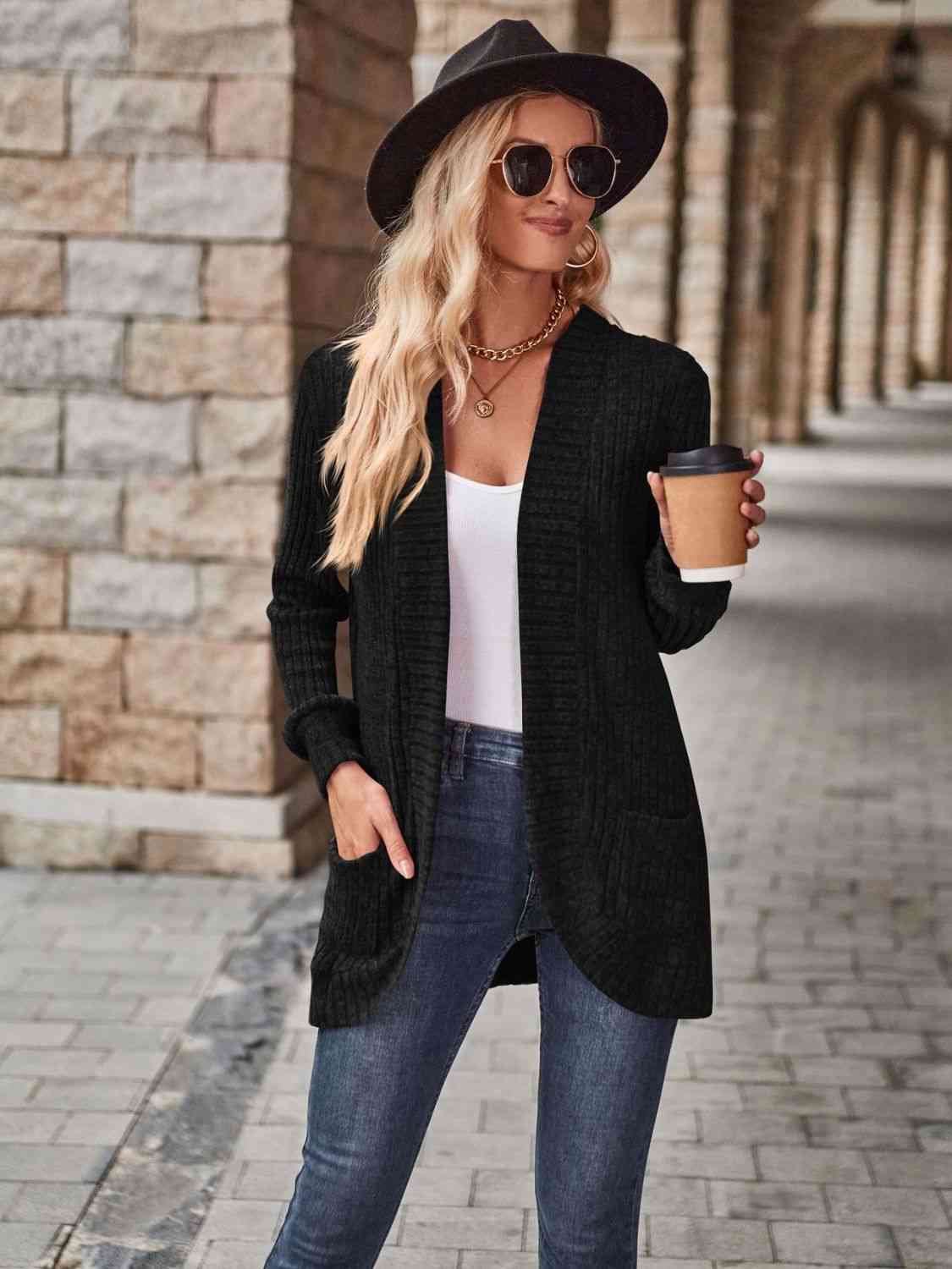 Open Front Cardigan with Pockets - Cardigan - Black - Bella Bourget