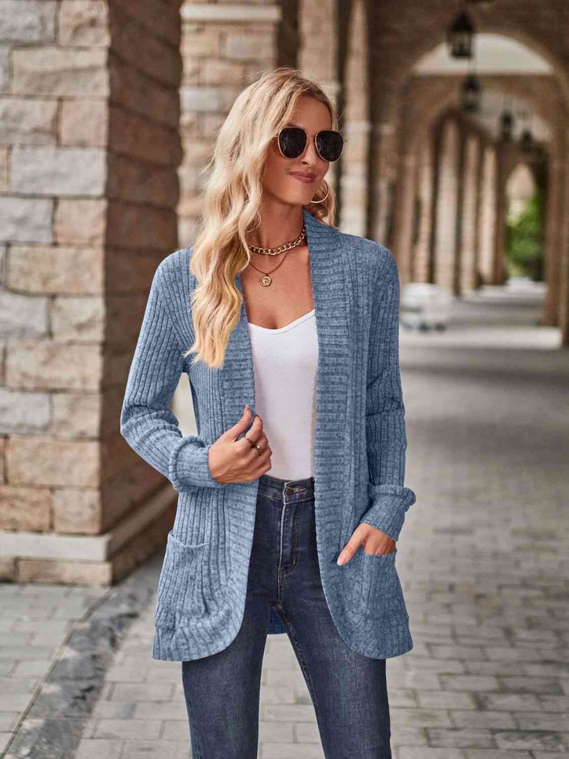 Open Front Cardigan with Pockets - Cardigan - Misty Blue - Bella Bourget