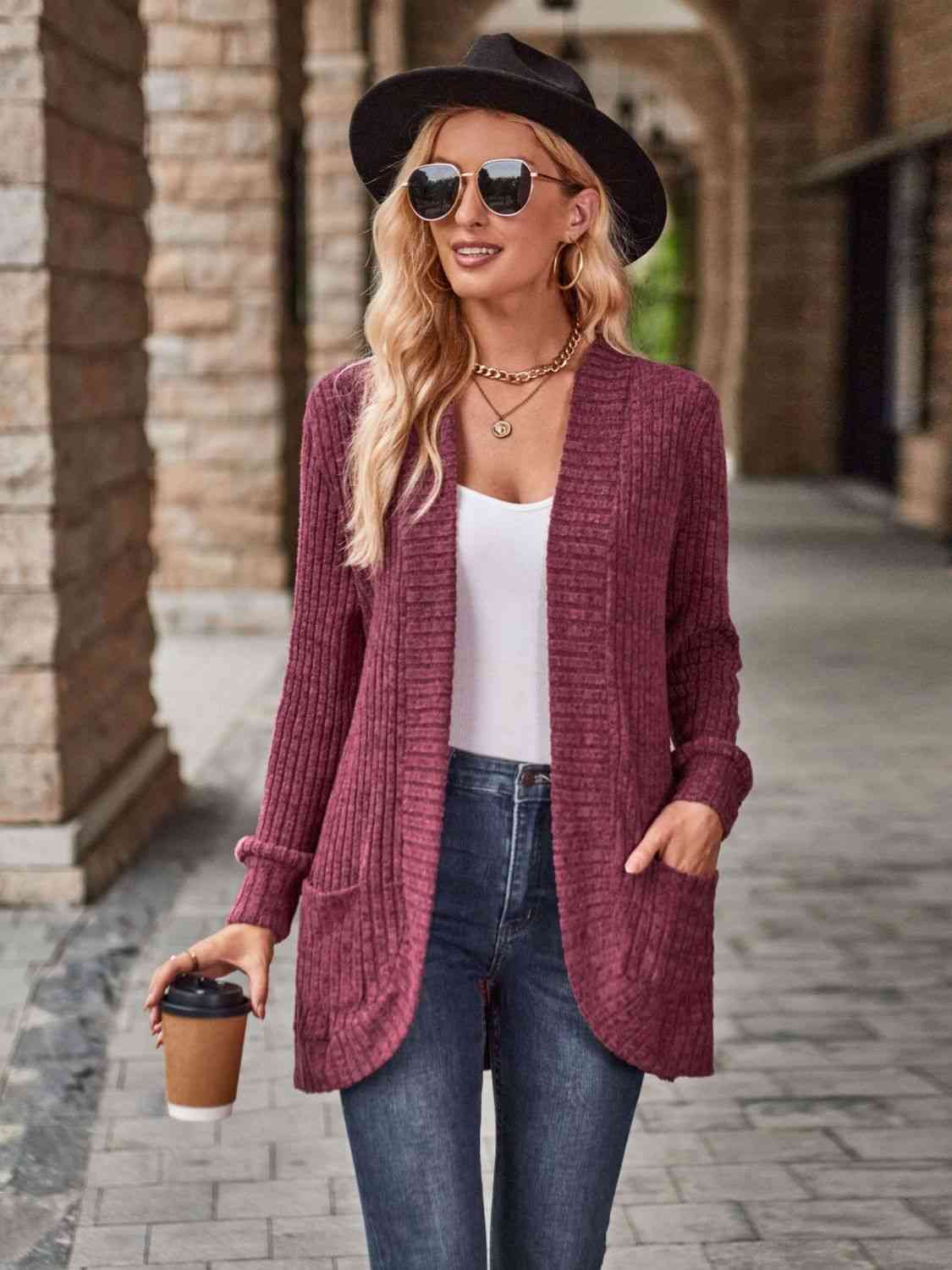 Open Front Cardigan with Pockets - Cardigan - Wine - Bella Bourget