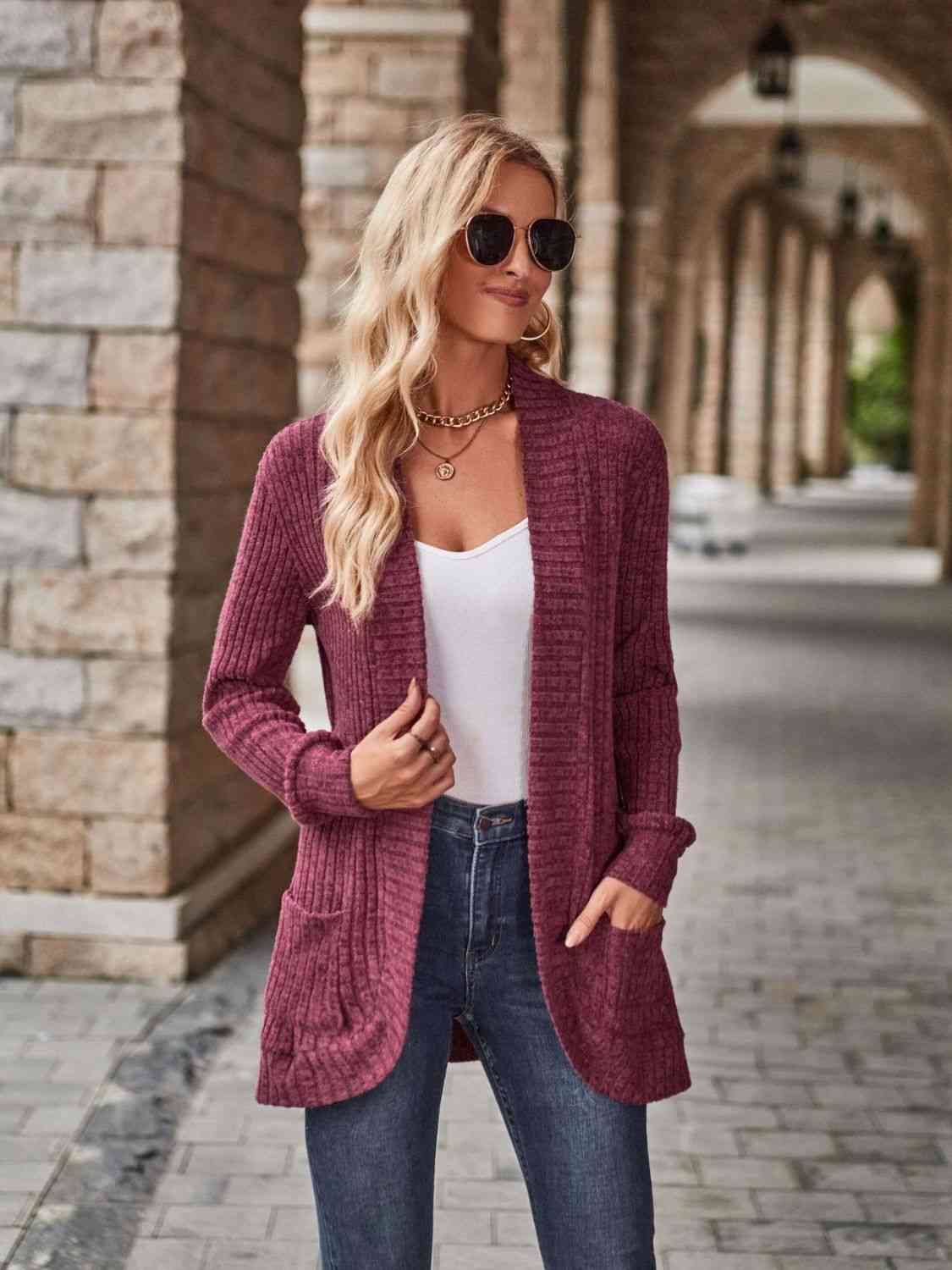 Open Front Cardigan with Pockets - Cardigan - Wine - Bella Bourget