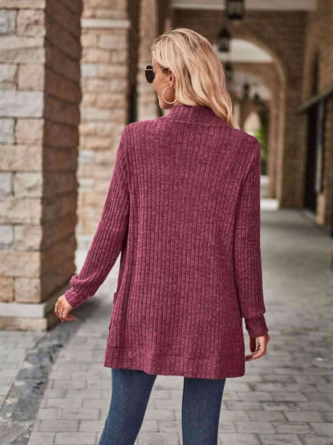 Open Front Cardigan with Pockets - Cardigan - Wine - Bella Bourget