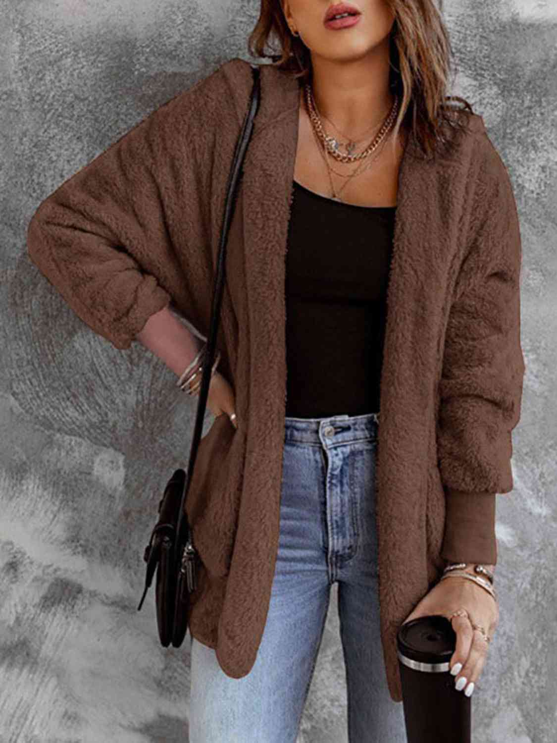 Open Front Faux Fur Jacket with Pockets and a Hood - Jacket - Chestnut - Bella Bourget