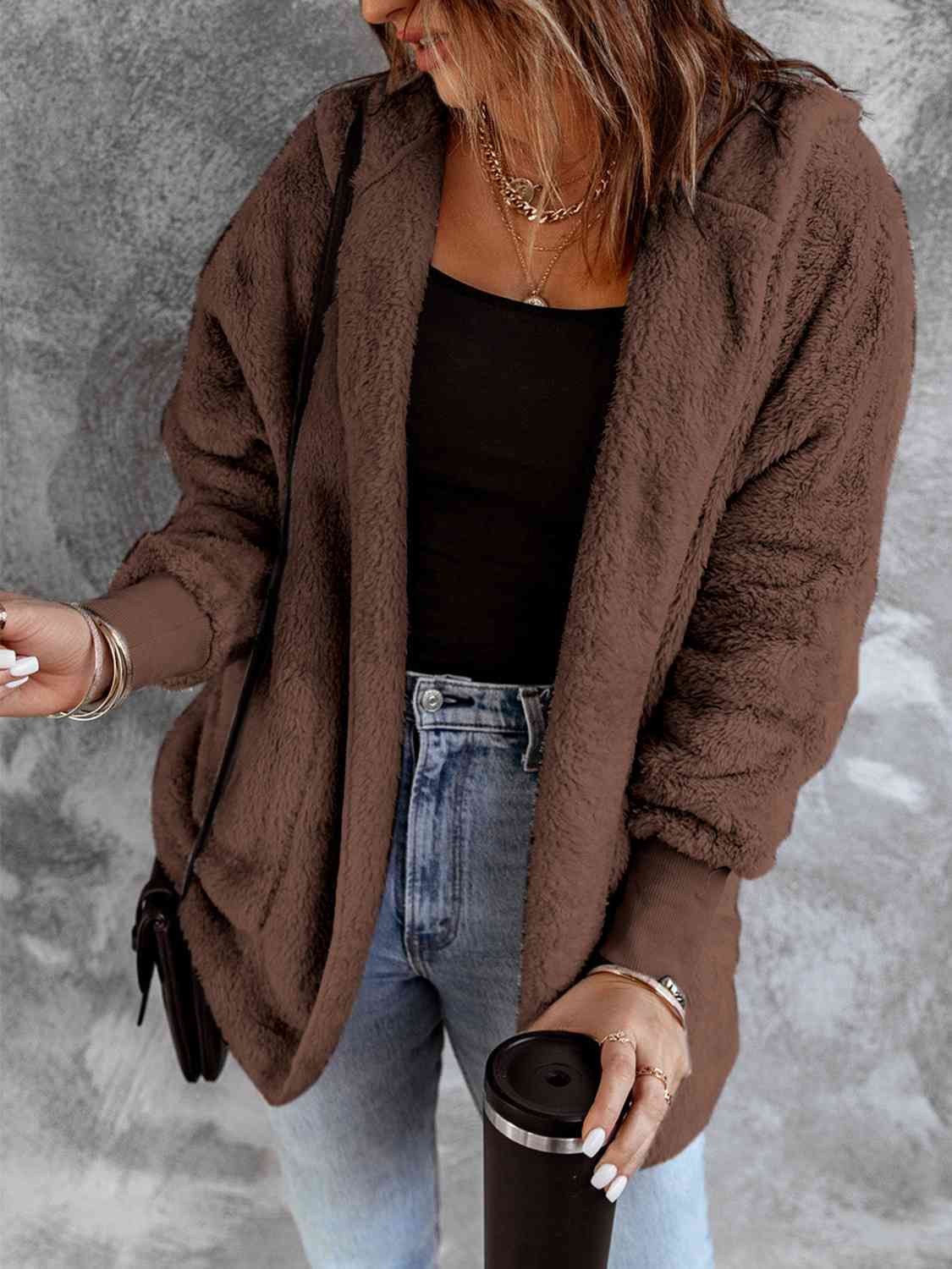 Open Front Faux Fur Jacket with Pockets and a Hood - Jacket - Chestnut - Bella Bourget