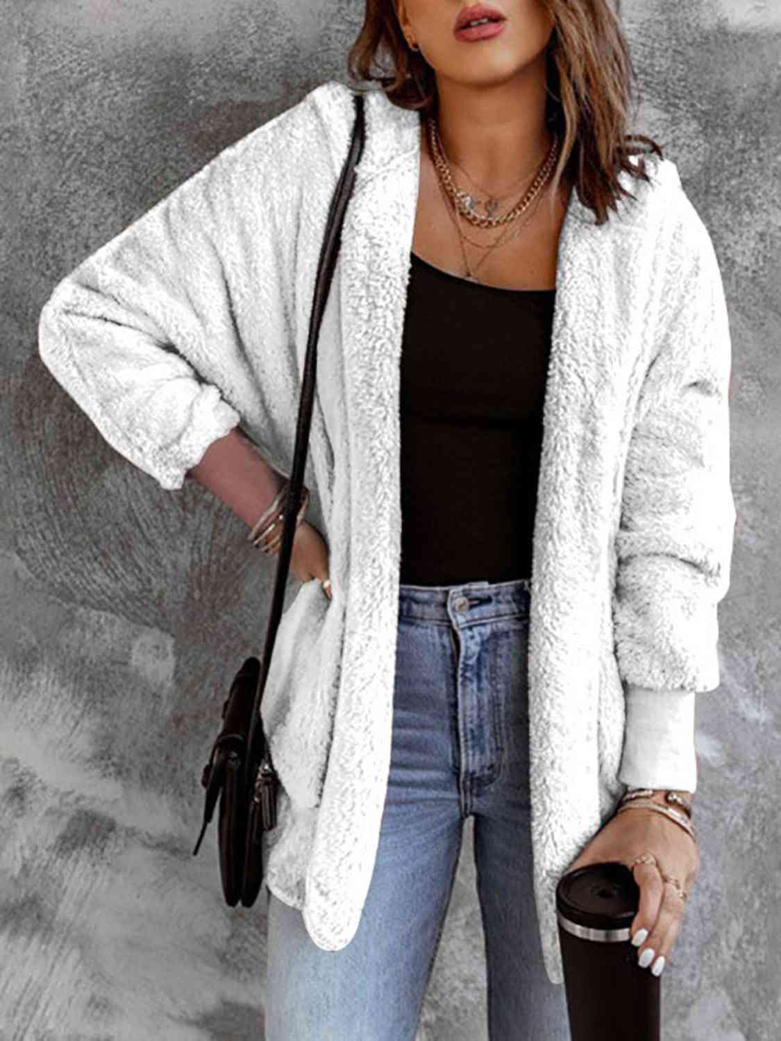 Open Front Faux Fur Jacket with Pockets and a Hood - Jacket - White - Bella Bourget