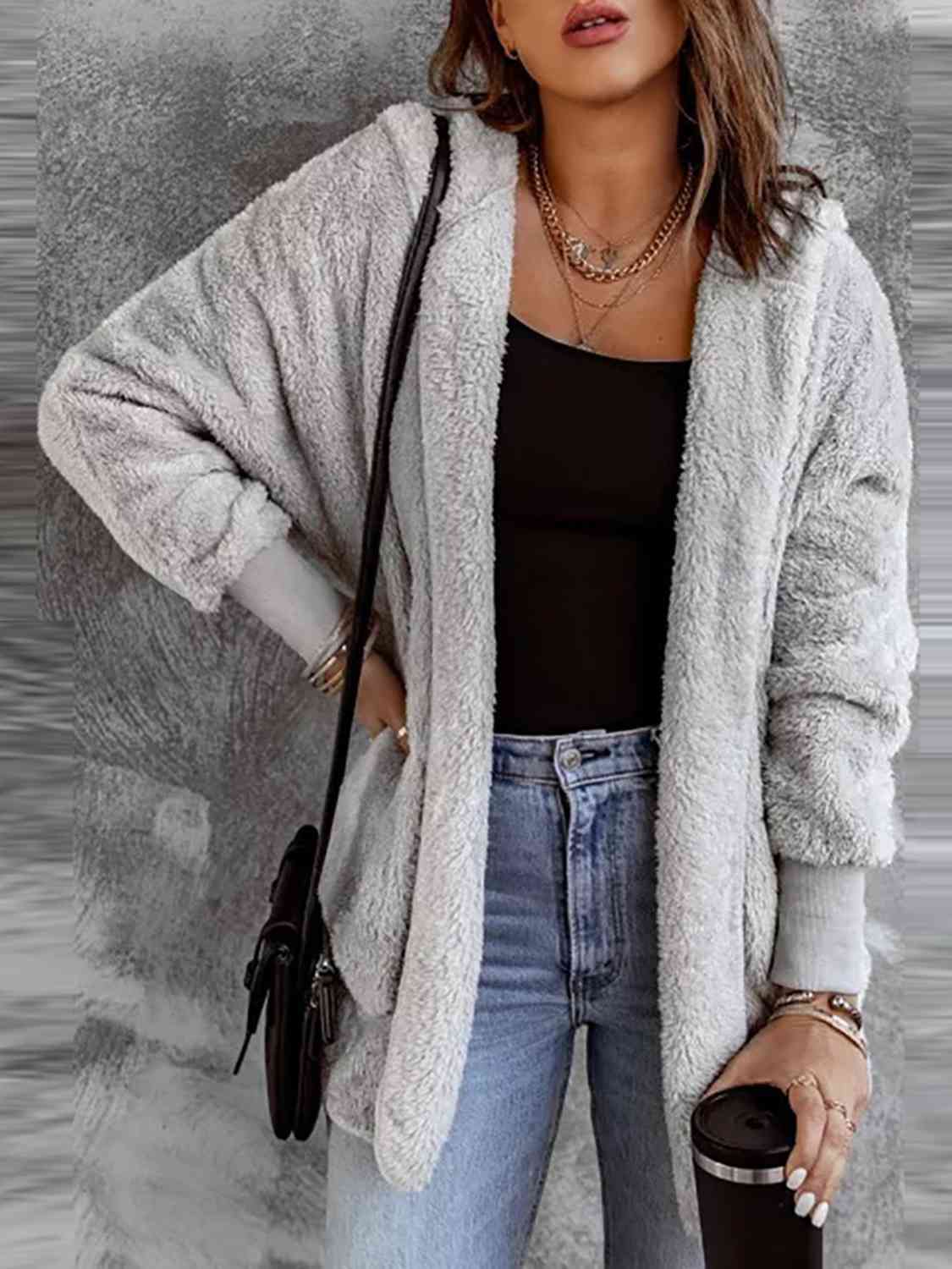 Open Front Faux Fur Jacket with Pockets and a Hood - Jacket - Light Gray - Bella Bourget