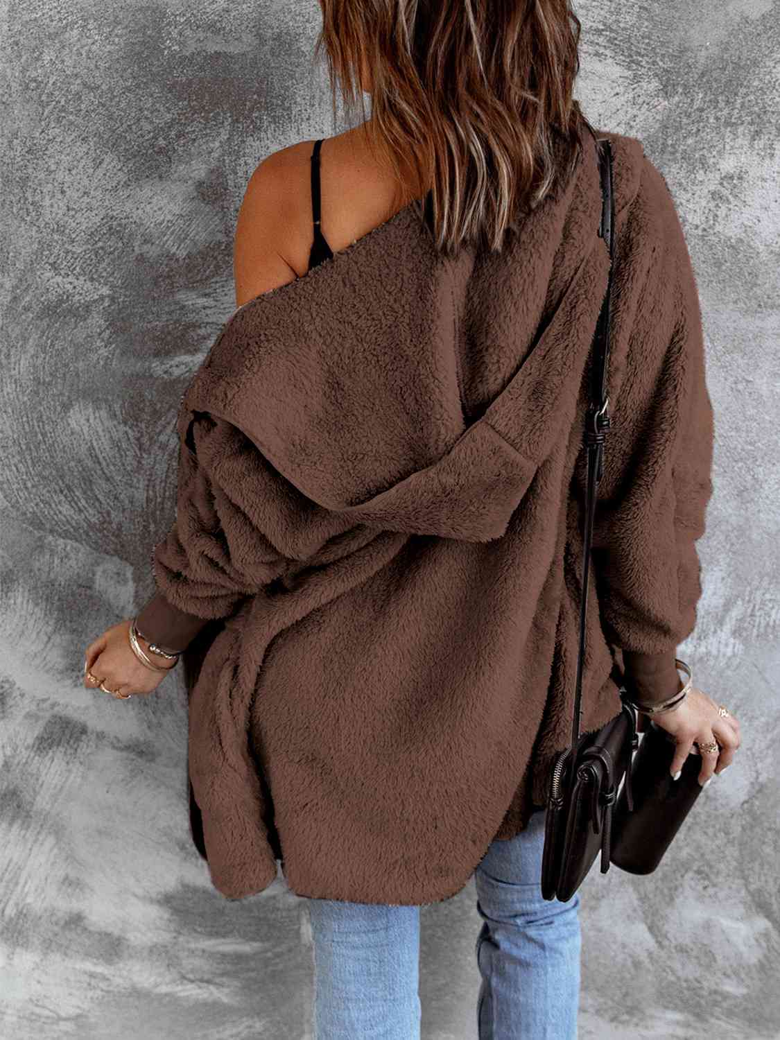 Open Front Faux Fur Jacket with Pockets and a Hood - Jacket - Chestnut - Bella Bourget