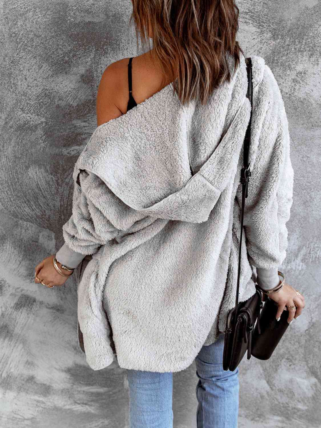 Open Front Faux Fur Jacket with Pockets and a Hood - Jacket - Light Gray - Bella Bourget