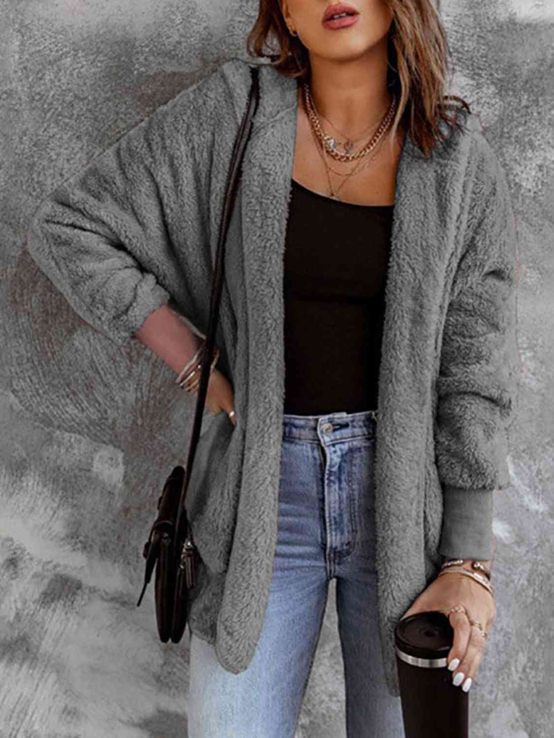 Open Front Faux Fur Jacket with Pockets and a Hood - Jacket - Charcoal - Bella Bourget