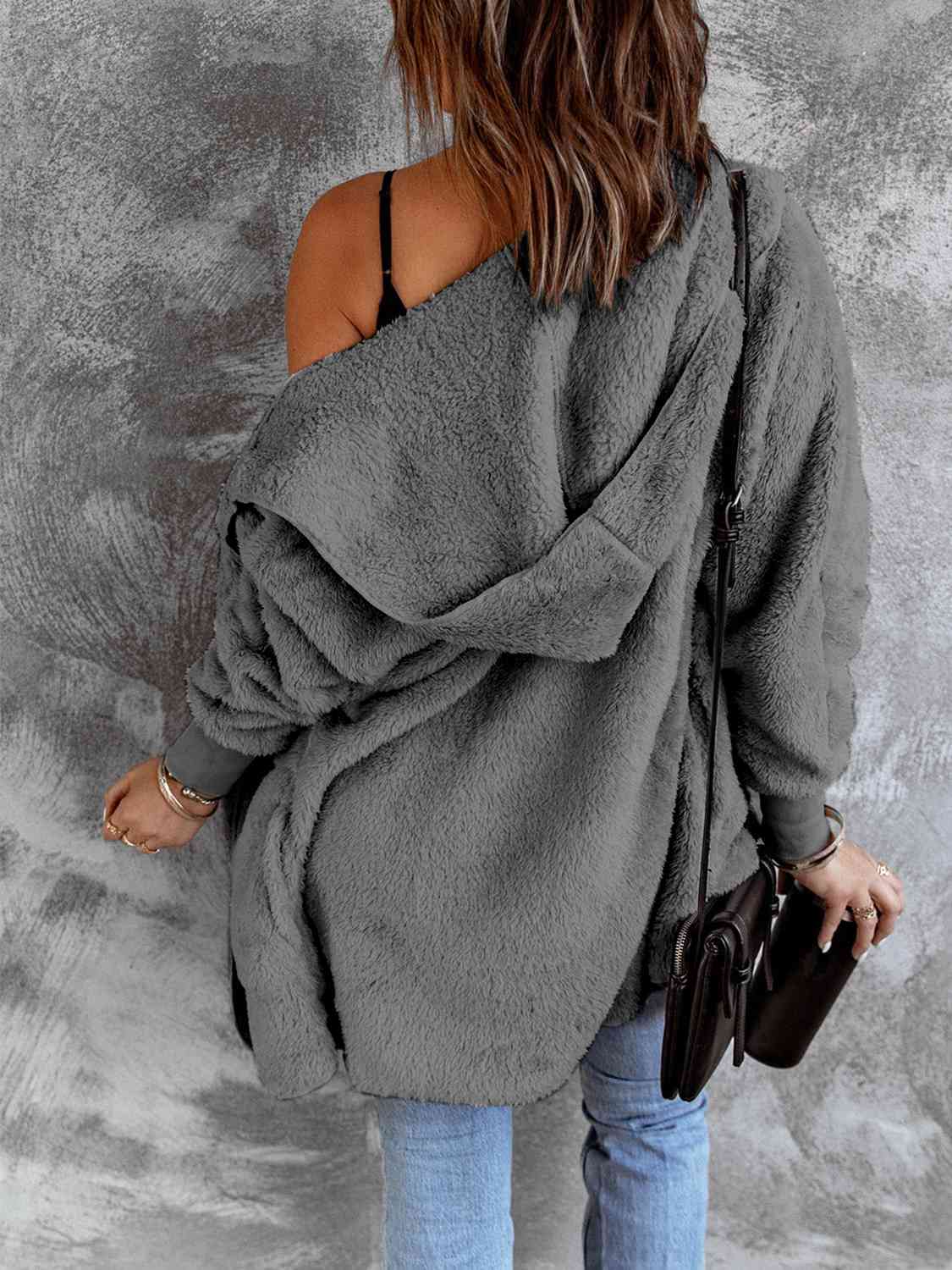 Open Front Faux Fur Jacket with Pockets and a Hood - Jacket - Charcoal - Bella Bourget