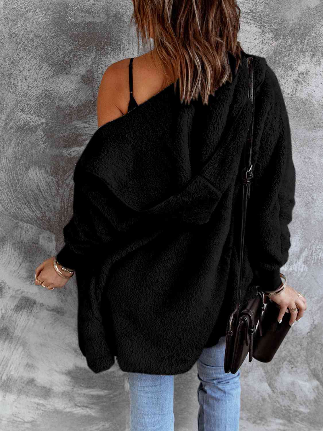 Open Front Faux Fur Jacket with Pockets and a Hood - Jacket - Black - Bella Bourget