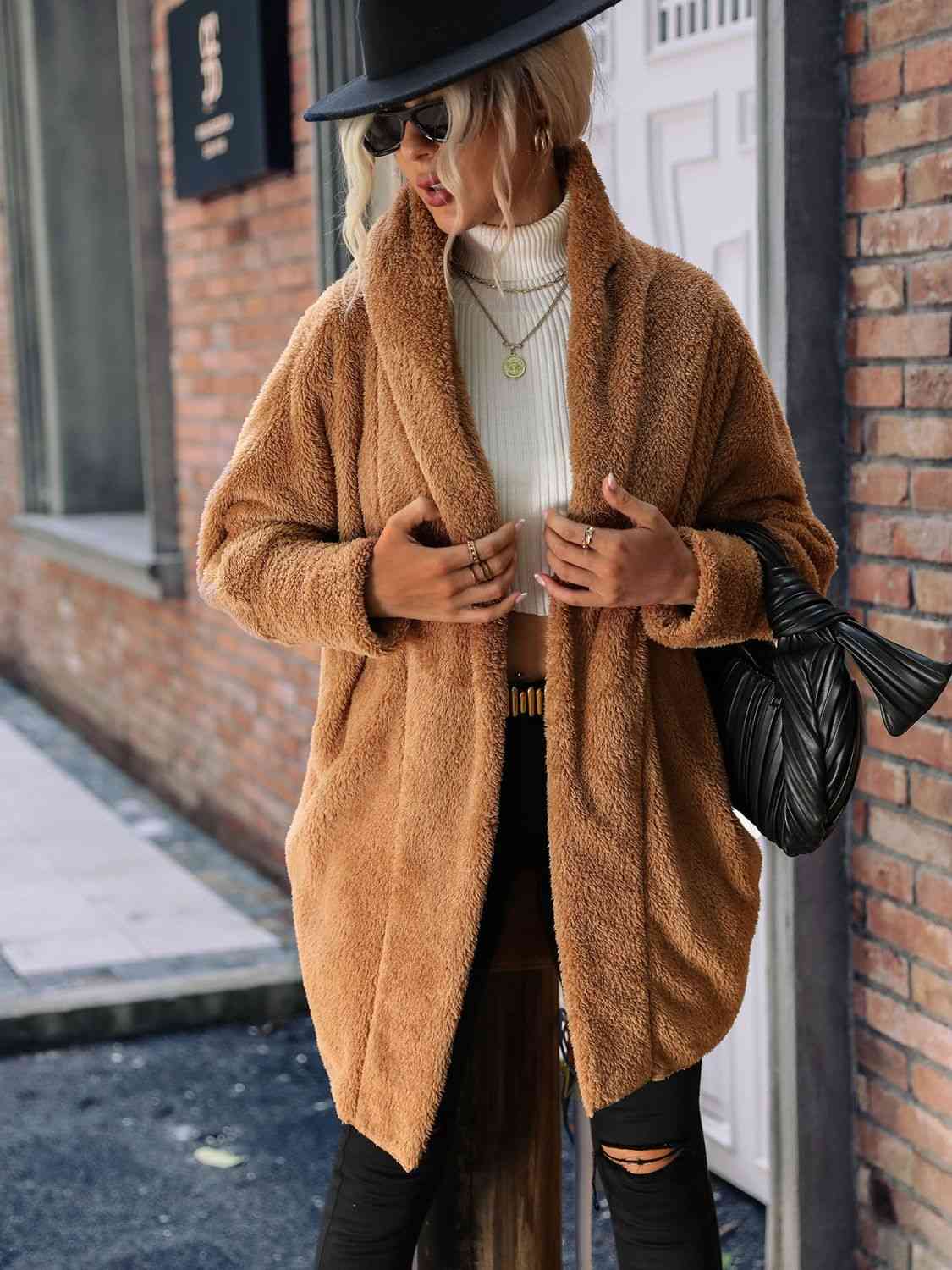 Open Front Hooded Teddy Coat - Coat - Caramel - Bella Bourget