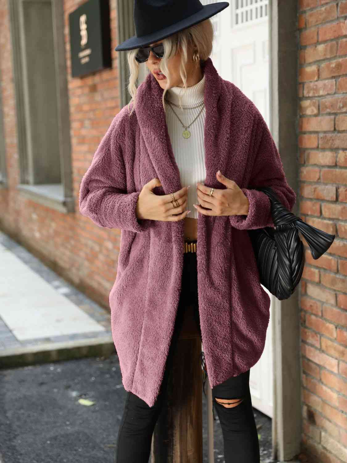 Open Front Hooded Teddy Coat - Coat - Moonlit Mauve - Bella Bourget