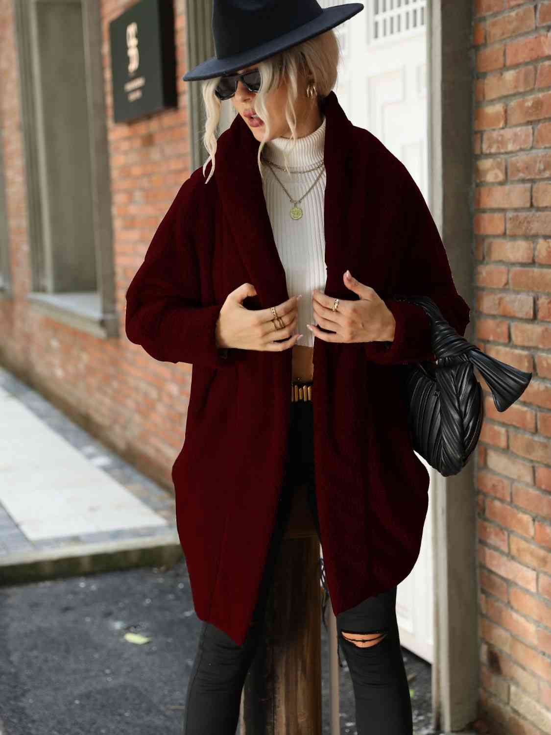 Open Front Hooded Teddy Coat - Coat - Wine - Bella Bourget