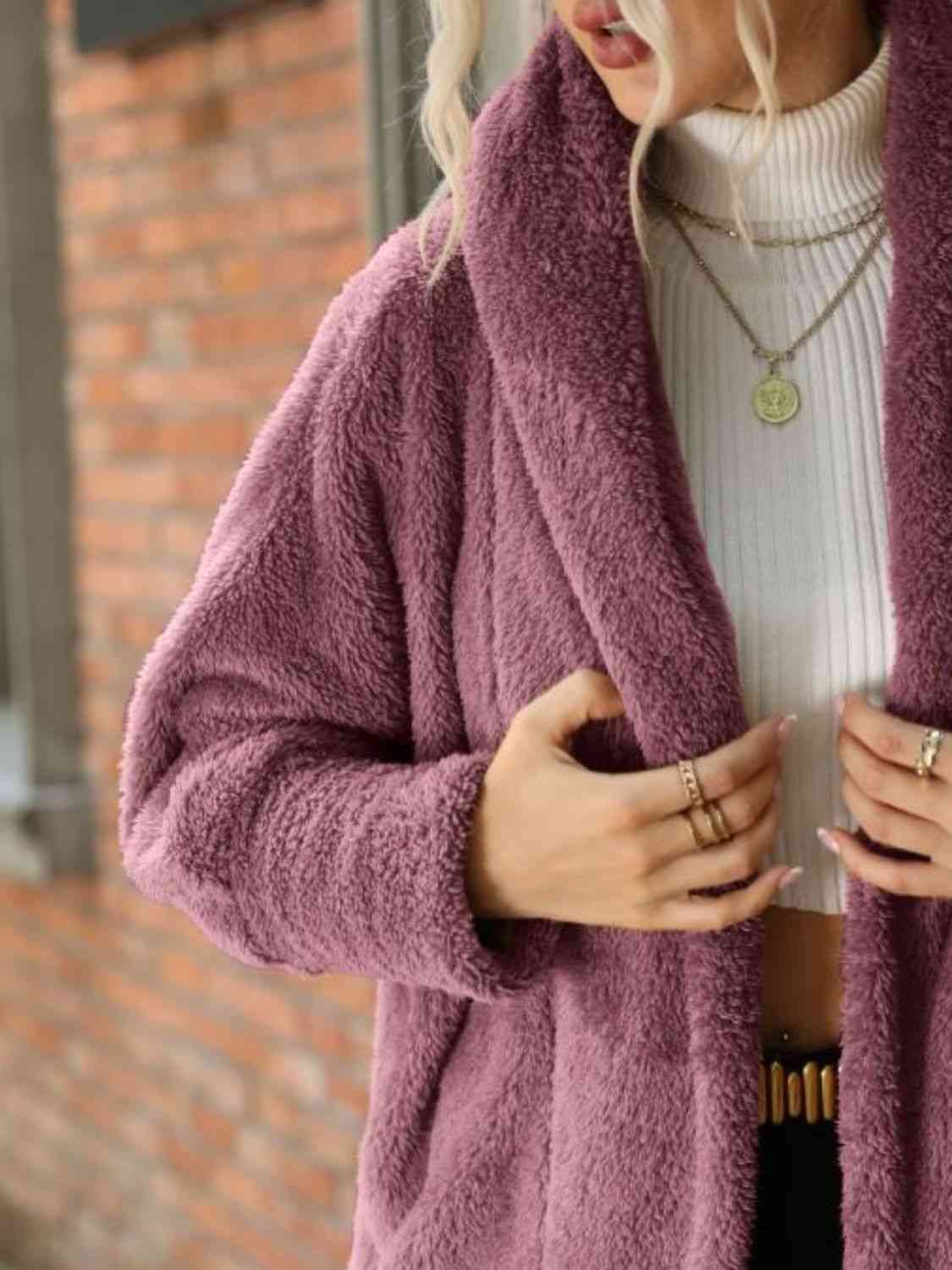 Open Front Hooded Teddy Coat - Coat - Moonlit Mauve - Bella Bourget