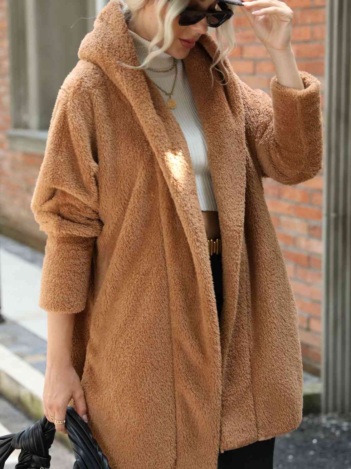 Open Front Hooded Teddy Coat - Coat - Caramel - Bella Bourget